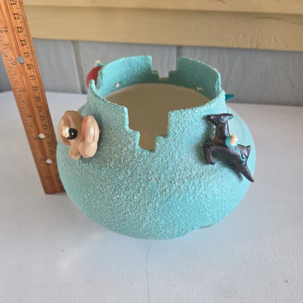 Textured Native American Fetish Teal Bowl Planter Bear Rabbit Fish Deer Beads